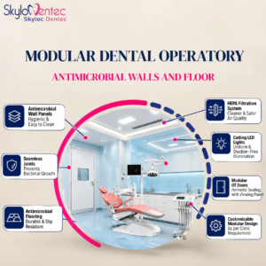 Modular dental operatory with dental chair, antimicrobial wall panels, LED ceiling lights and HEPA filtration by Skyloc Dentec