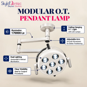 Modular OT pendant lamp with ceiling mount, adjustable arm and LED surgical light by Skyloc Dentec