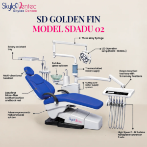 Skyloc Dentec SDADU02 dental chair with blue upholstery, LED operation lamp, glass spittoon and instrument tray