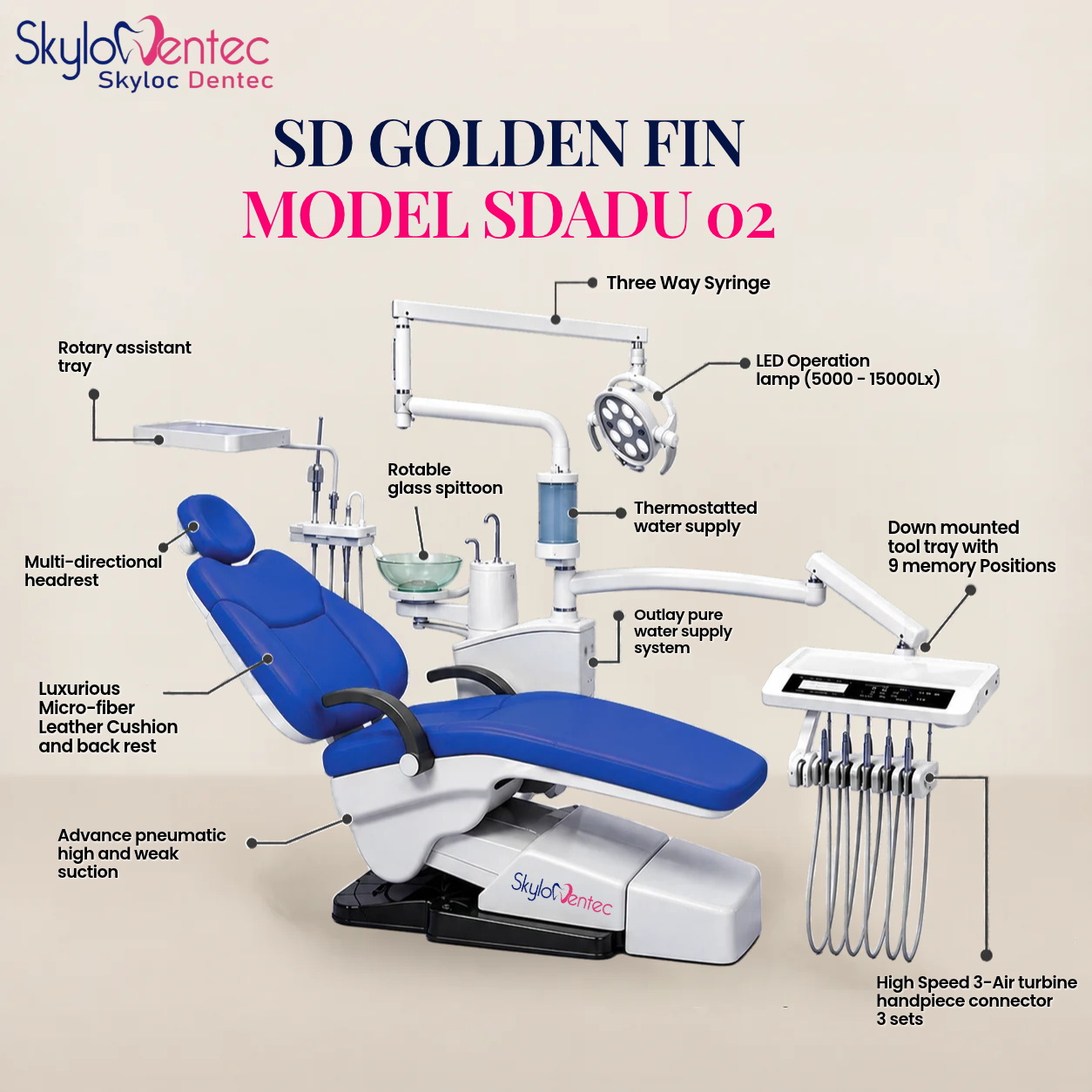 SDADU02 Blue Dental Chair Unit | Skyloc Dentec Skyloc Dentec SDADU02 dental chair with blue upholstery, LED operation lamp, glass spittoon and instrument tray