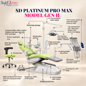 SD Platinum Pro Max Gen II Dental Unit with LED operating lamp, touchscreen control panel, ergonomic chair, and integrated dental instruments