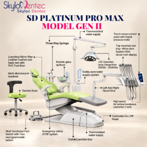 SD Platinum Pro Max Gen II Dental Unit with LED operating lamp, touchscreen control panel, ergonomic chair, and integrated dental instruments
