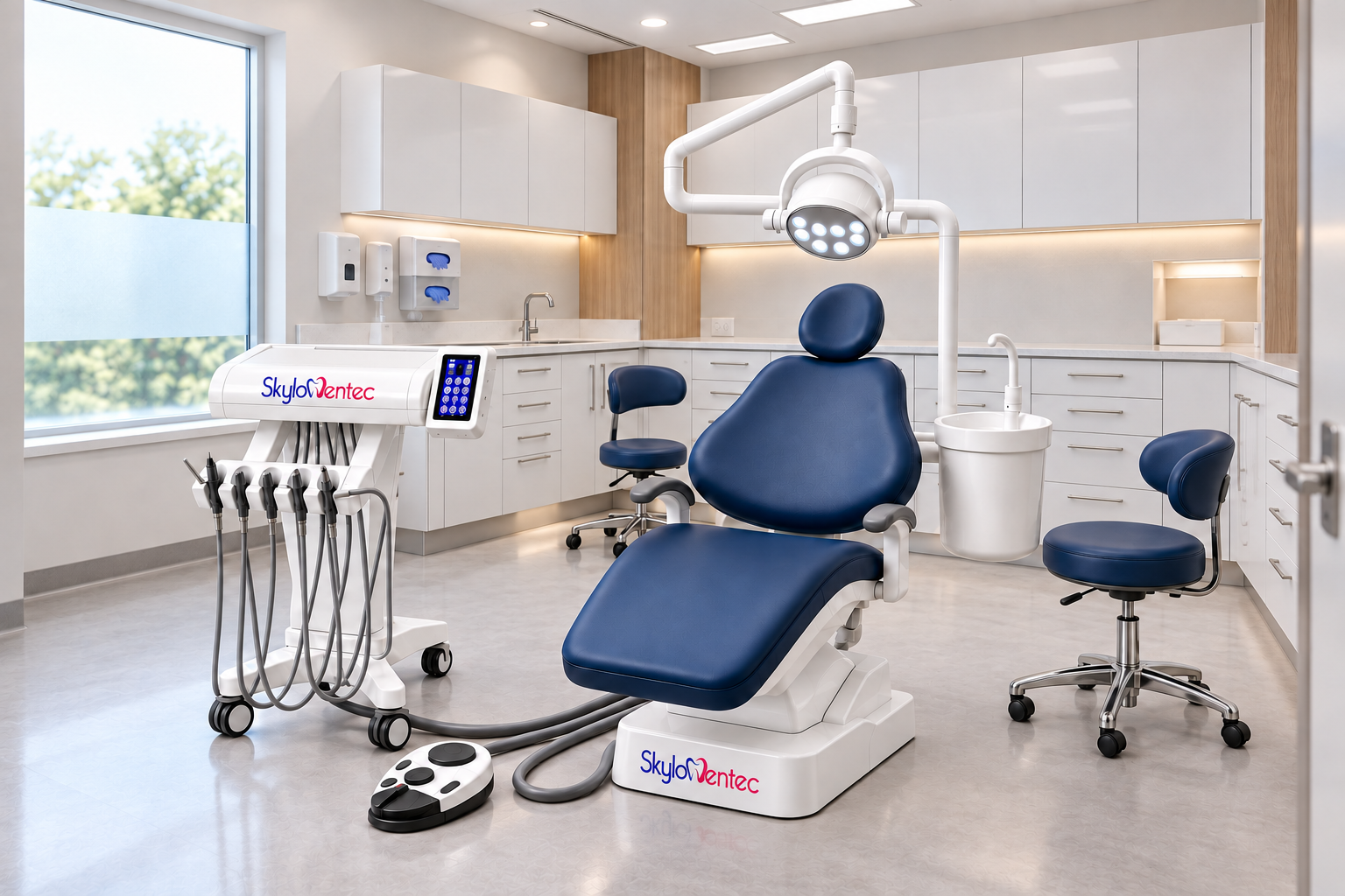 Skyloc Dentec navy blue dental chair in a modern clinic with LED operating light, instrument trolley and matching stools