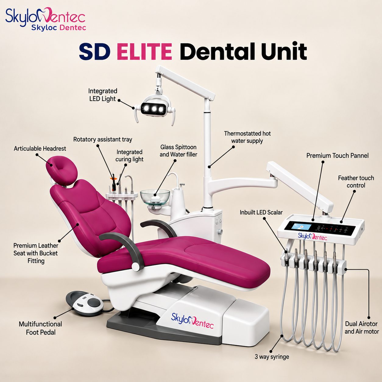 SD Elite Dental Unit by Skyloc Dentec with LED light, touch control panel, ergonomic dental chair, and integrated dental instruments