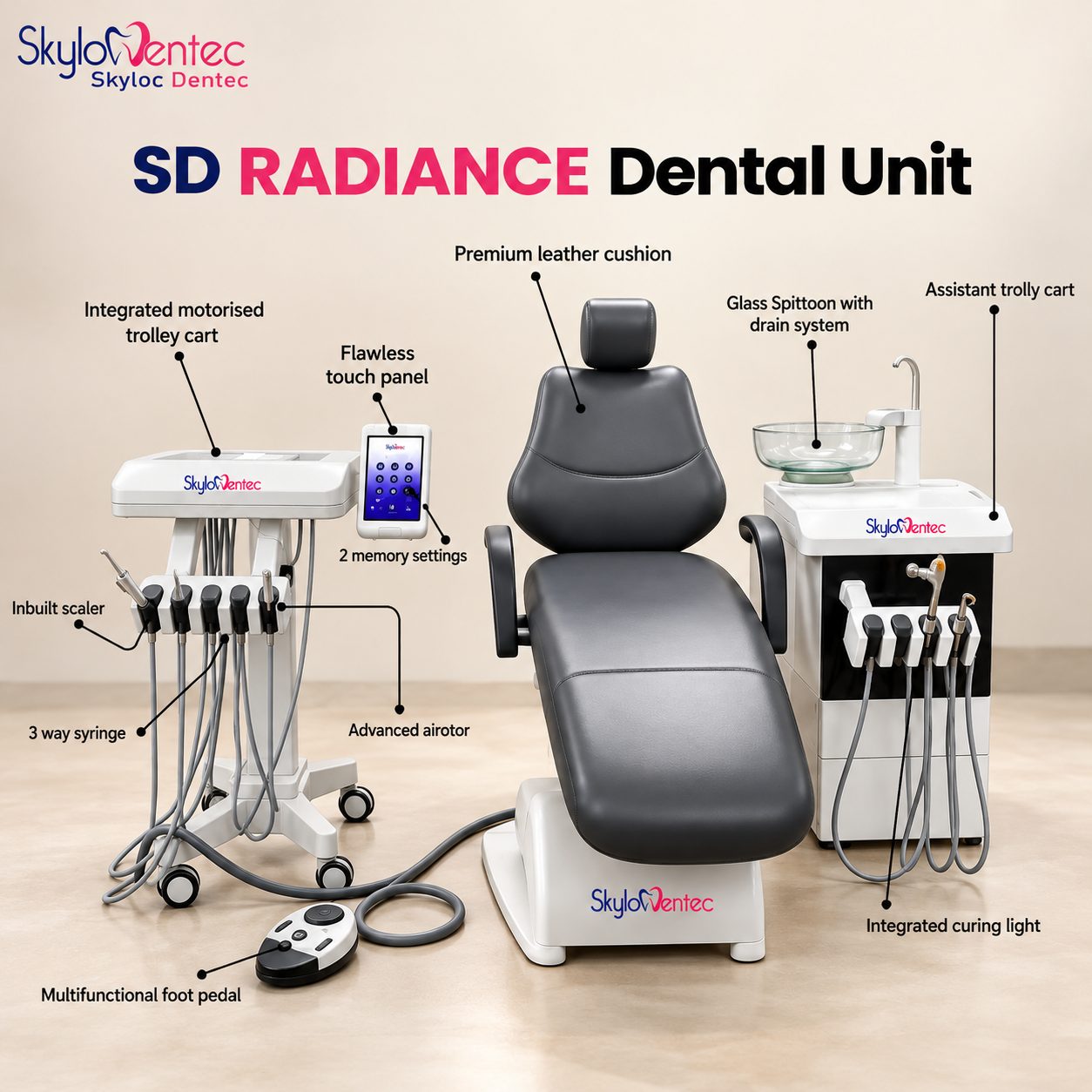 SD Radiance Dental Unit by Skyloc Dentec with touchscreen controls and motorized trolley