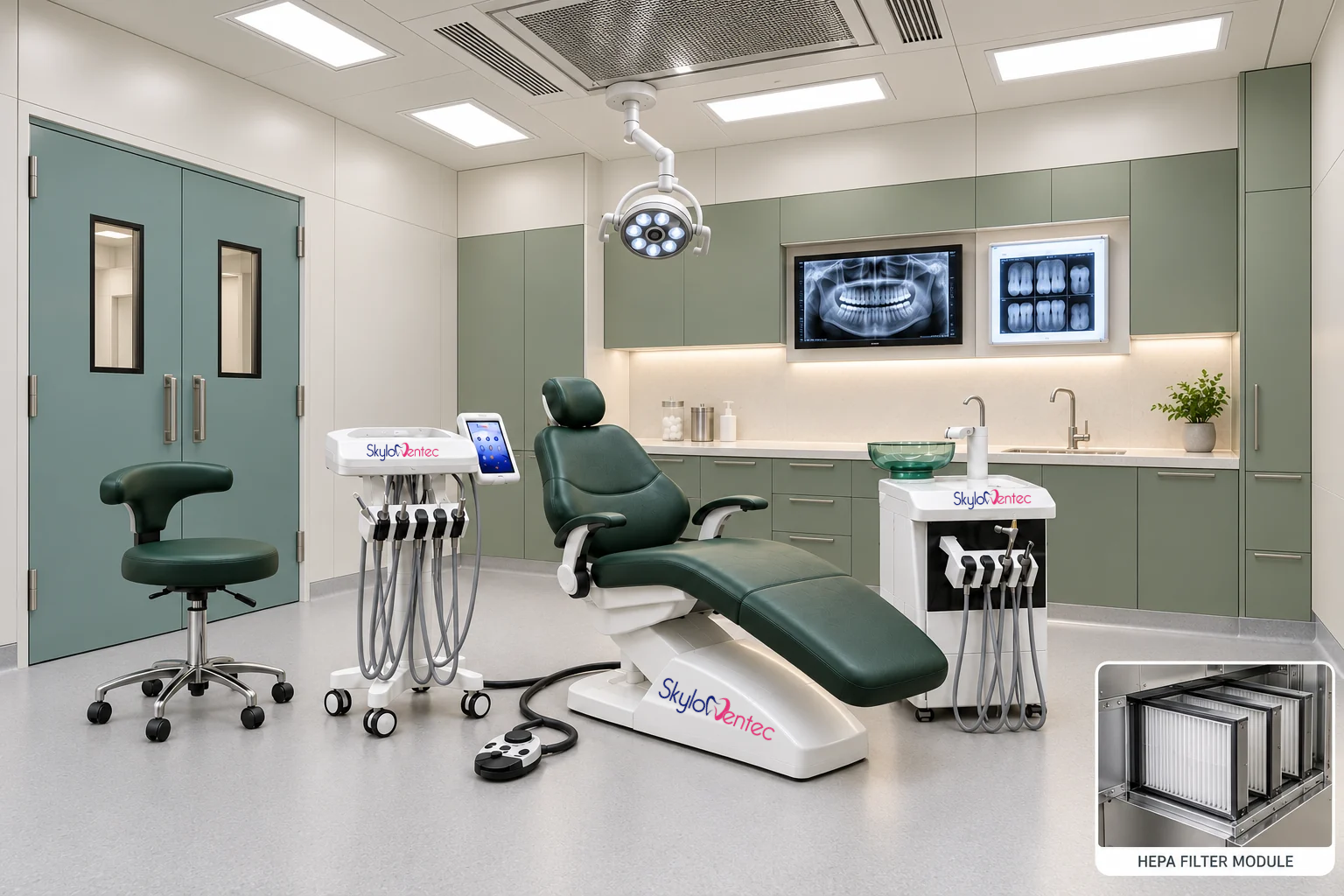 Skyloc Dentec modular dental operatory with green dental chair, ceiling-mounted light and HEPA filter module inset